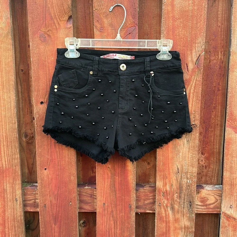 RQDN Black Pearl Studded Cutoff Denim Shorts Frayed Size 9 / 28